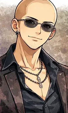 Yasushi Takagi wearing sunglasses and suit bald